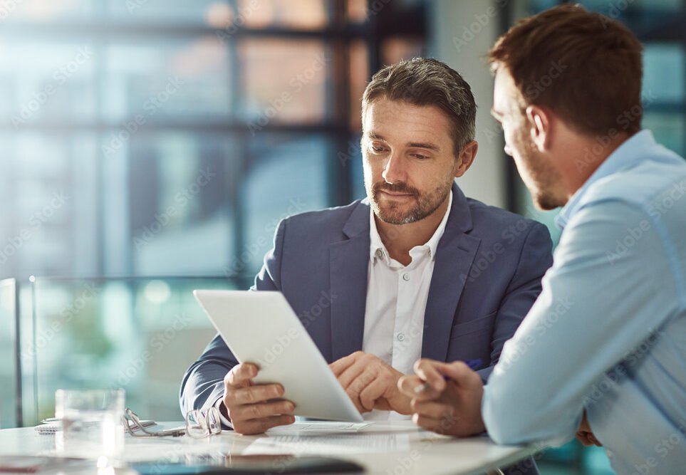 Teamwork meeting, tablet and business people in office workplace. Collaboration, technology and workers, men or employees with touchscreen planning sales, research or financial strategy in company